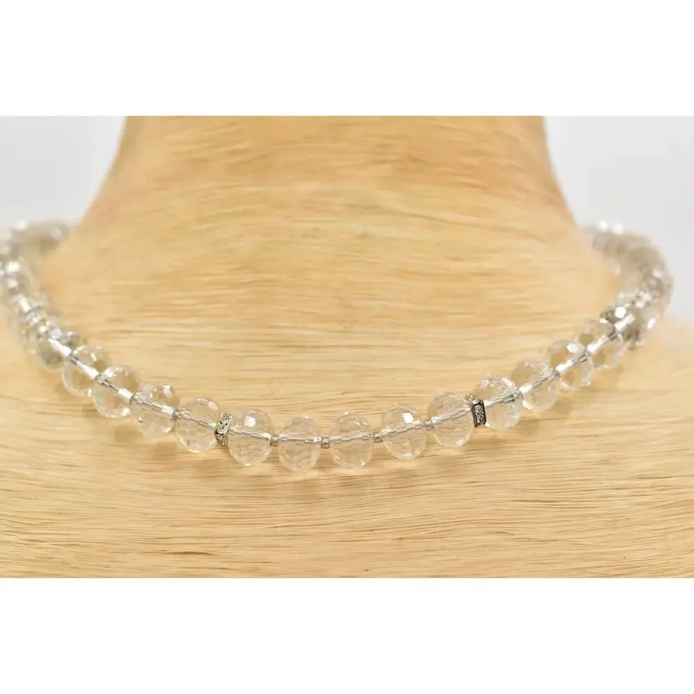 Vintage 925 Crystal Collar Necklace Fleur De Lis Faceted Beaded Signed BinBE